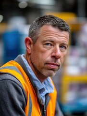 Man in safety vest focused in an industrial setting with a serious expression
