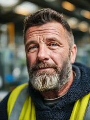 Middle-aged man with a beard wearing a yellow safety vest in an industrial environment