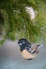 Spruce branches decorated with New Year and Christmas decorations