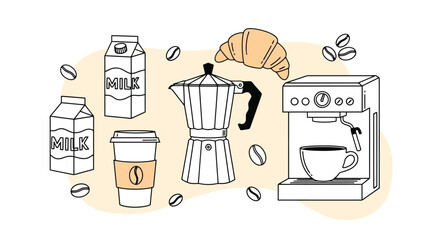 Coffee and breakfast illustration: beverages, croissant, milk, and equipment on light background.