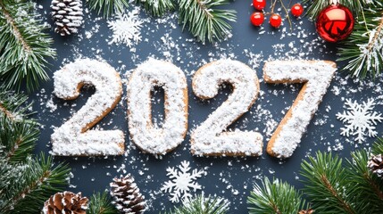 Gingerbread numbers shaped as 2027 are covered in icing and snow, surrounded by pine branches, berries, and festive ornaments
