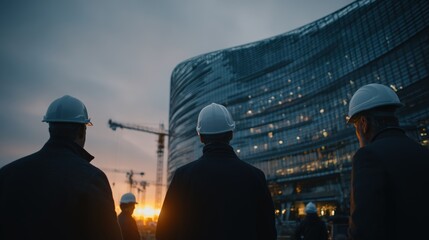 Construction workers observing modern building development at sunset