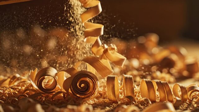 Close Up of Textured Wood Shavings Falling in Golden Light Slow Motion