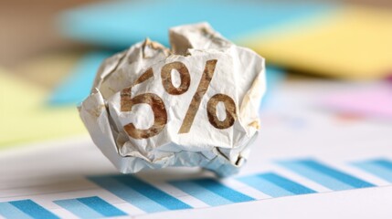 Crumpled paper with 5 percent on a report and sticky notes in the background
