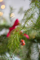 Spruce branches decorated with New Year and Christmas decorations
