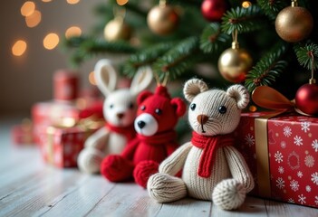 Christmas and New Year greeting card with Christmas tree, gifts and cute knitted toys: bunny and teddy bear, festive background