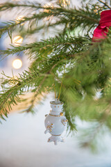 Spruce branches decorated with New Year and Christmas decorations