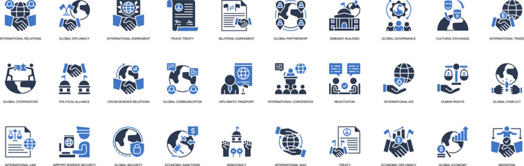 International Relations solid style icon set. Containing International Relations, Global Diplomacy, Peace Treaty, Bilateral Agreement, Partnership, embassy Building