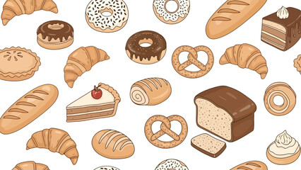Delicious Baked Goods Illustration: Doughnuts, Croissants, and Pretzels on White Background