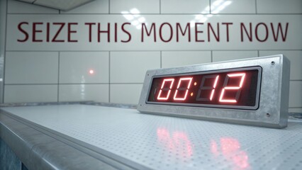 Digital clock displaying time against a white tile wall