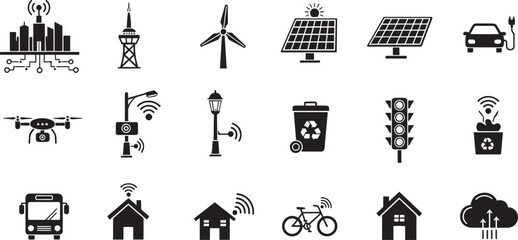 Smart city and transportation icons on checkered background © Emongrapic