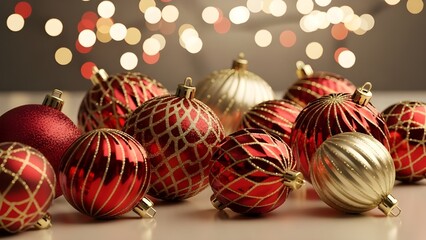 A collection of festive red and gold Christmas ornaments illuminates against a bokeh background