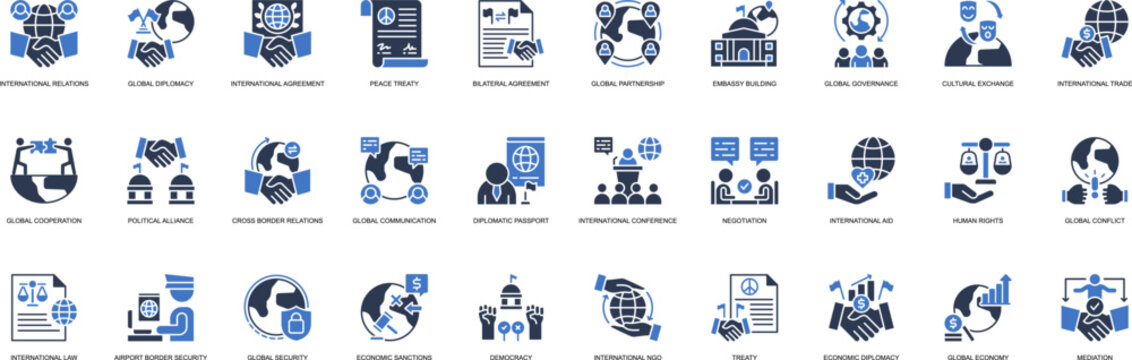 International Relations solid style icon set. Containing International Relations, Global Diplomacy, Peace Treaty, Bilateral Agreement, Partnership, embassy Building