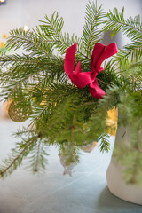 Spruce branches decorated with New Year and Christmas decorations