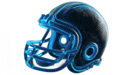 3d wireframe football helmet with blue neon lines on transparent background