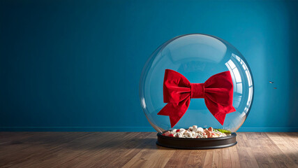 Large glass globe containing pills and a red velvet bow on a wooden floor. Surreal medical concept symbolizing healthcare costs, insurance premiums, and pharmaceutical gifts.