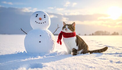 雪だるまの横で、マフラーを首に巻いた猫が座っている