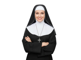 Beautiful young woman in a nun habit smiling with arms crossed on transparent background