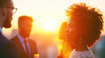 People talking at sunset during an outdoor gathering in an urban setting