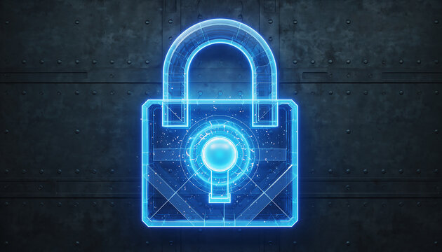 Large 3 D digital padlock made of translucent blue glass glowing on a dark background - Powered by Adobe