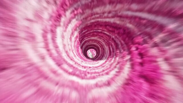 Aerial View of Pink Flower Field Spinning into Abstract Spiral Vortex Transition
