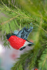 Spruce branches decorated with New Year and Christmas decorations