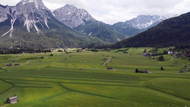 Aerial view of the idyllic alpine village Lermoos Zugspitze mountain range, Tyrol, Austria.