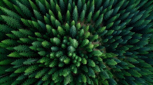Drone view from above of a dense evergreen forest, showing the texture of pine trees from an aerial perspective