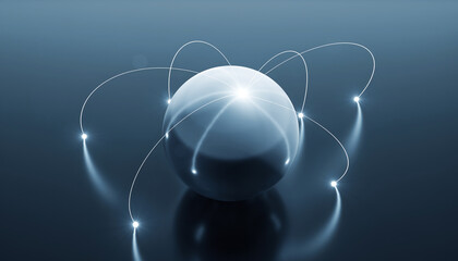 Minimalist glowing 3 D globe with bright connection dots and clean lines on dark blue background