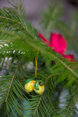 Spruce branches decorated with New Year and Christmas decorations