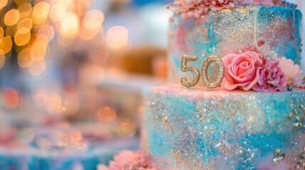 Celebration cake with flowers and decorations for a 50th birthday event
