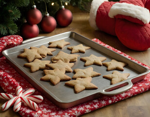 christmas cookies on the table, Seasonal baking setup showing a metal cookie sheet with tree shaped cookies, star cookies, a candy cane and a red quilted oven mitt, evoking Christmas treats