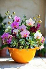 Vibrant Orchid Succulent Arrangement Home Decor Pot