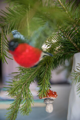Spruce branches decorated with New Year and Christmas decorations