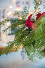 Spruce branches decorated with New Year and Christmas decorations