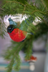 Spruce branches decorated with New Year and Christmas decorations