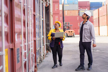 Logistics workers using tablet at shipping container yard