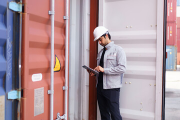 Logistics worker using tablet at shipping container yard