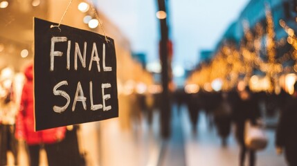 Final sale sign hangs in a busy shopping area during evening hours