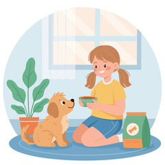 Girl Feeding A Dog Illustration