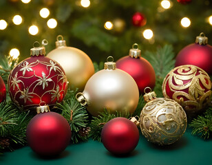 christmas tree decorations isolated, A collection of elegant Christmas decorations with red, green, and gold ornaments lying on a green background, creating a festive and joyful atmosphere