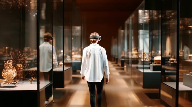 A Visitor Engages with an Immersive Art Experience in a Modern Exhibition Space Showcasing Stunning Artifacts and Displays Through Innovative Technology and Virtual Reality Interaction.