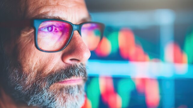 Man looking at stock market data with colorful charts on screen - Powered by Adobe