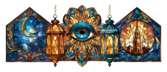 Obraz premium Intricate Stained Glass Window Design Featuring Eye and Decorative Lanterns