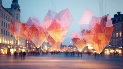 Art installation with colorful shapes in a city square during evening light