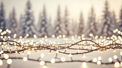 Warm fairy lights on twigs in snowy forest at sunset