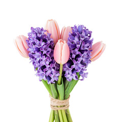 Fresh Tulips and Hyacinths Arranged in a Vibrant Bouquet on a White Background for Spring Decoration