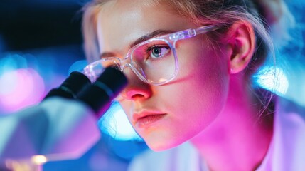 Young scientist examines samples closely with a microscope in a lab setting