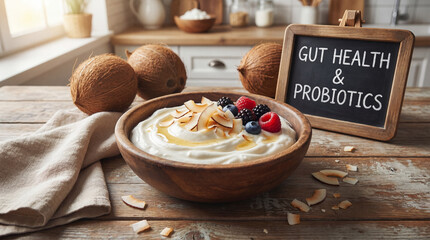 Homemade organic coconut yogurt bowl with fresh berries and honey. Gut health and probiotics text sign. Healthy vegan breakfast food, digestive wellness care and nutrition concept