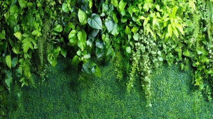 Green plants cover a wall in a bright indoor space with natural decor